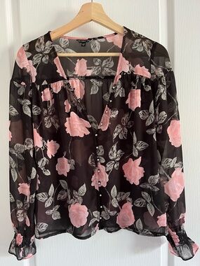 Guess Black Sheer Blouse with Pink Floral Print XS